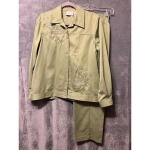 Alfred Dunner Green Butterfly Embroidered Jacket Pants Set 10/12